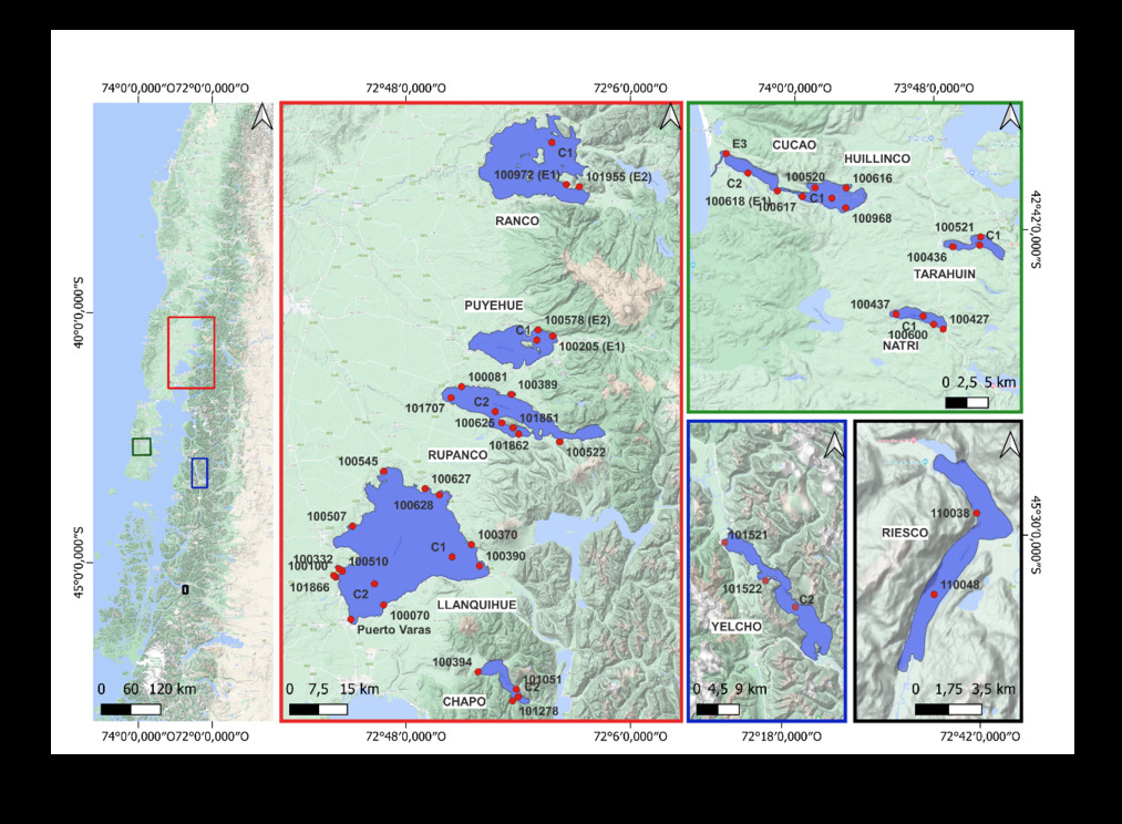 Mapa de los lagos muestreados en el Sur de Chile y que tienen actividad acuicola